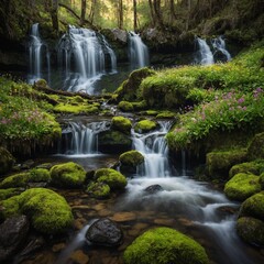 Obraz premium A cascading waterfall surrounded by moss-covered rocks and vibrant wildflowers.