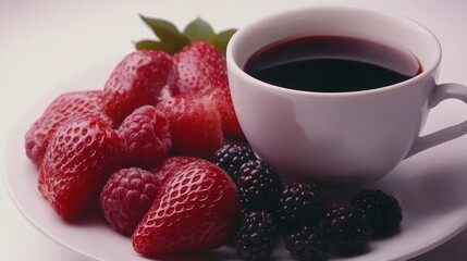 Red Berries and Dark Beverage on White Plate