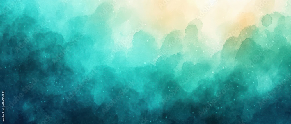 Poster watercolor abstract background in soft turquoise and light green with grunge texture and bokeh effec