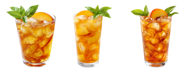 Three refreshing iced tea drinks with peach slices on a transparent background