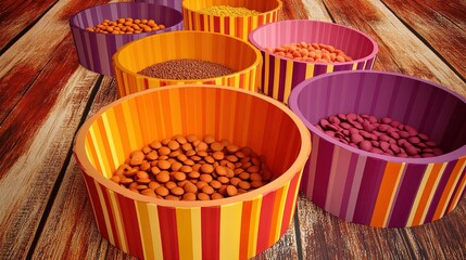 vibrant close-up of premium pet food bowls: a perfect poster for pet lovers, showcasing healthy nutrition and the essence of caring pet ownership