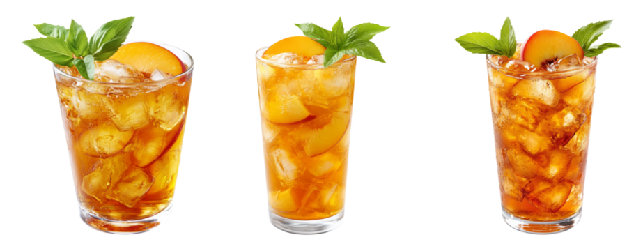 Three refreshing iced tea drinks with peach slices on a transparent background