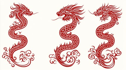 Red Chinese Dragons Three Elegant S-Curved Designs