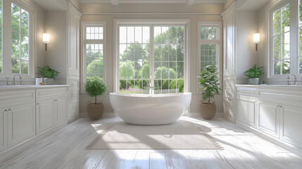 Luxurious White Bathroom with Garden Views