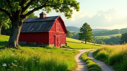 Obraz premium Serene Countryside Vista Red Barn, Rolling Hills, and a Winding Dirt Road at Golden Hour