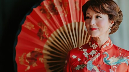 Fototapeta premium Elegant Woman in Red Cheongsam with Phoenix Design