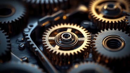 Intricate Close-Up of Golden Metallic Gears and Mechanisms