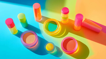Fototapeta premium Creative flat-lay of bold neon makeup products on a black background