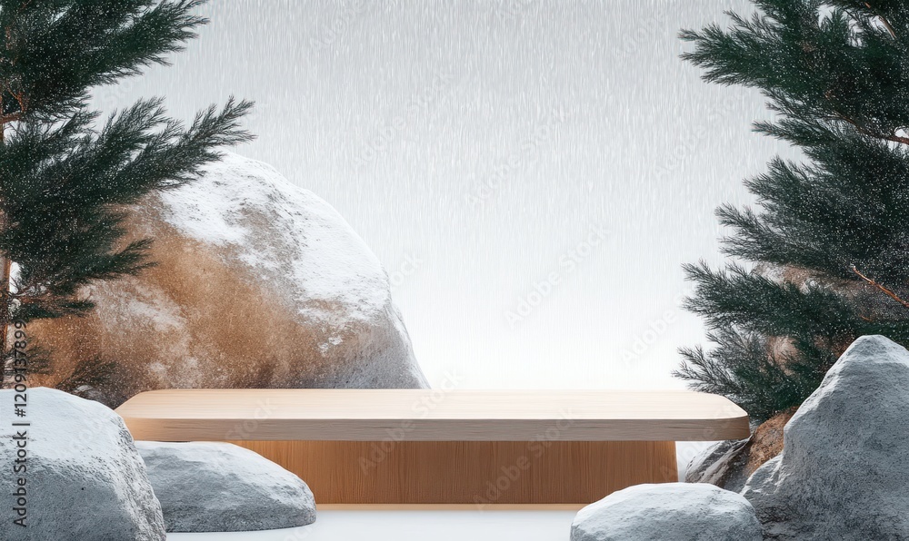 Poster Wooden Table Display with Snow and Evergreen Trees in a Serene Christmas Setting