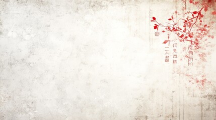 Fototapeta premium Red Floral Branch on Grunge Textured Background with Asian Calligraphy
