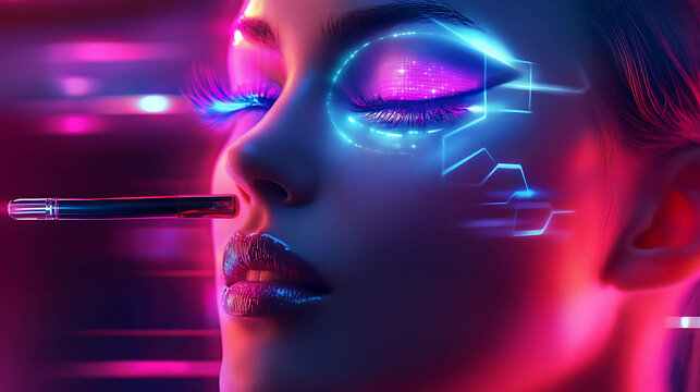 Illustration of futuristic makeup application with glowing effects
