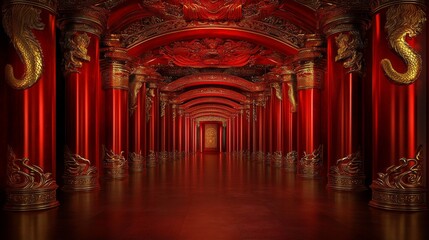 Fototapeta premium Red Gold Palace Corridor, Imperial Asian Architecture
