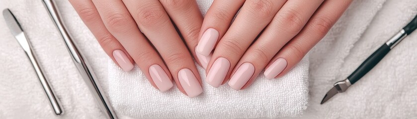 Manicure salon precision concept. Well-groomed hands with manicured nails surrounded by nail care tools on a soft surface.