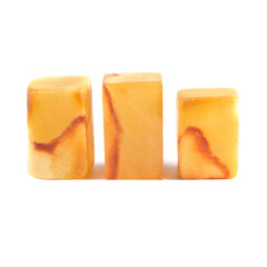 Three yellow and red cubes on a white background