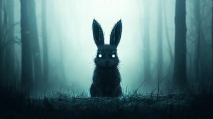 Eerie Encounter: A dark, almost menacing rabbit with glowing white eyes sits in a dense, misty forest, creating a chilling, surreal image.  