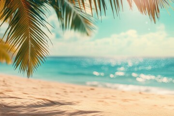 Obraz premium Blur beautiful nature green palm leaf on tropical beach with bokeh sun light wave abstract background. Vintage tone color style. 