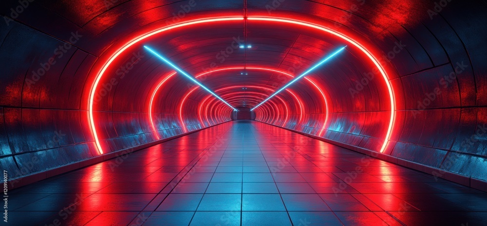 Poster futuristic neon tunnel corridor with glowing lights and geometric shapes in sci-fi style