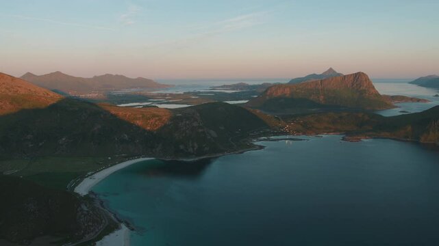 Norwegian fjord landscape with a lot of islands at sunset in northern Norway Lofoten, View from Mannen