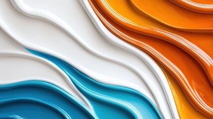 A vibrant abstract composition of white, orange, and blue hues, creating a dynamic and fluid visual effect.