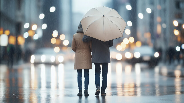 Rainy City Romance: A couple shares an umbrella on a rainy city street, their backs to the camera, creating a sense of intimacy and mystery amid the blurred lights and traffic.