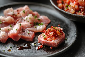 Close-up photo of small pieces of meat on a black plate, next to it is the whole raw piece in a pinkish color. There is oil and red sauce around the food, with green herbs sprinkled over them. 
