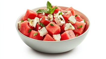 A bowl of refreshing watermelon salad with feta cheese, mint, and balsamic glaze