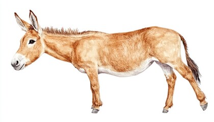 Realistic watercolor illustration of a donkey standing gracefully against a plain background