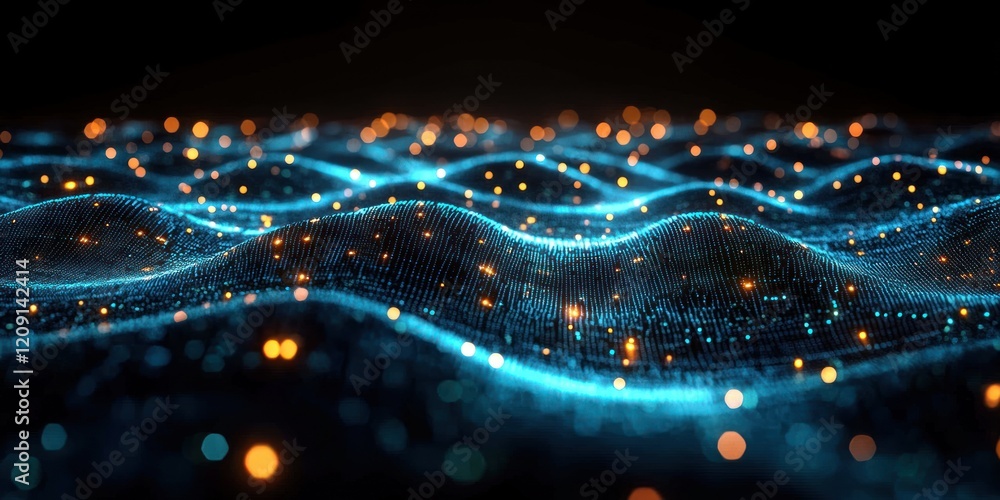 Poster Futuristic Digital Landscape with Glowing Geometric Lines and Nodes in Cyberpunk Style