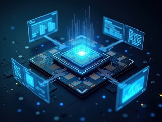 Fototapeta premium Development of advanced quantum desktop processors in a high-tech quantum laboratory with cutting-edge technology and data analysis visualizations