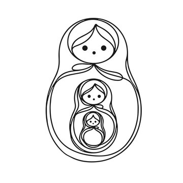 Russian matryoshka, doll in a doll, vector, black line drawing, minimalistic, single line, simple line, isolated, transparent background