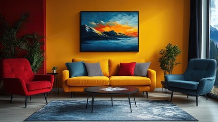 Modern living room interior design, vibrant colors, mountain landscape art, window view