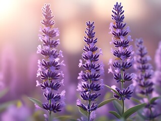 Obraz premium Three lavender stalks in sunset light.