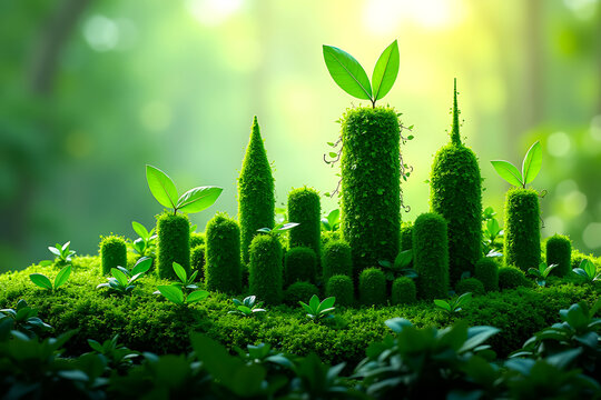 Eco-friendly city skyline made of leaves and vines symbolizing sustainability and green future