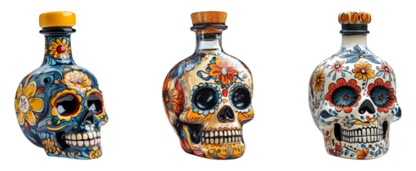 Colorful decorative skull bottles isolated on transparent background