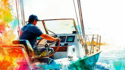Obraz premium Man steering a boat through vibrant waters during a sunny day near the coast