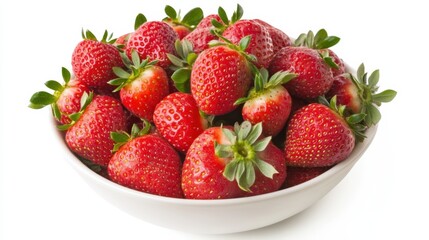 A bowl of ripe, succulent strawberries with vibrant red hues, Each strawberry's natural shine and sweetness captured in exquisite detail