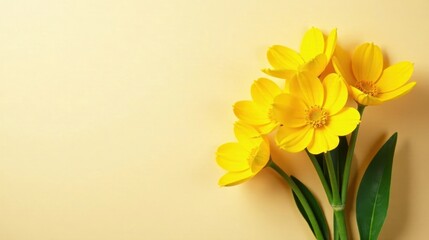 Obraz premium Bright Yellow Flowers on a Pale Yellow Background A Springtime Floral Image Featuring a Delicate Arrangement of Blooming Daisies