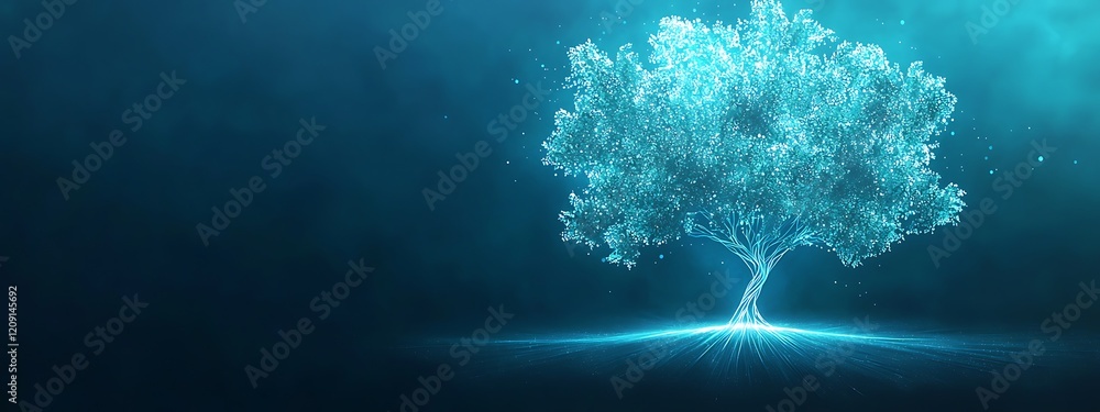 Poster an enchanting visualization of a tree glowing with digital effects. this artwork combines elements o