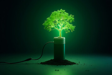 Tree growing from battery with glowing power plug branches symbolizing sustainable energy