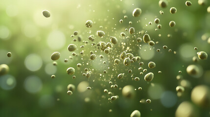 Abstract Green Spheres: A captivating and abstract image features numerous green spheres suspended in mid-air, against a soft green blurred backdrop. These spheres,  glistening and reflecting light.