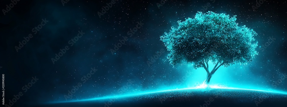 Poster an enchanting visualization of a tree glowing with digital effects. this artwork combines elements o