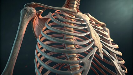Human Rib Cage Anatomy: Detailed close-up of a human rib cage, showcasing the intricate structure of bones and connective tissues.