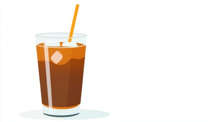 A refreshing iced drink in a clear glass with a straw, featuring ice cubes and a rich brown color.