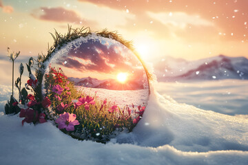 Winter Sunset: Flowers Reflecting in Snow