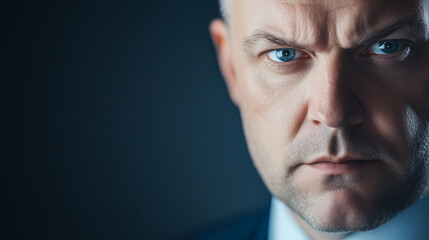 Obraz premium Intense Gaze: A piercing, close-up portrait of a man with a stern expression, capturing his unwavering focus and resolute determination.