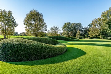 Fototapeta premium Landscape green lawn on the morning with Blue sky on the background. smooth lawn with curve form of bush, trees on the background under morning sunlight. 