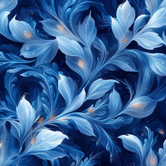 Abstract floral pattern with blue and white swirls on dark background.