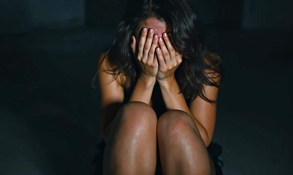 A woman sits alone in the dark, her hands covering her face, overwhelmed by sadness and despair