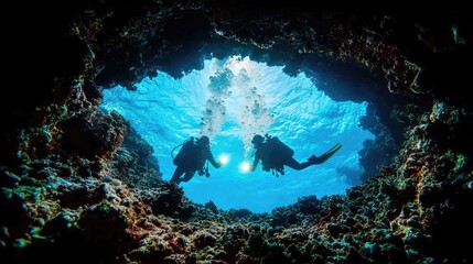 Underwater cave scuba divers exploring coral reef. Travel adventure photo