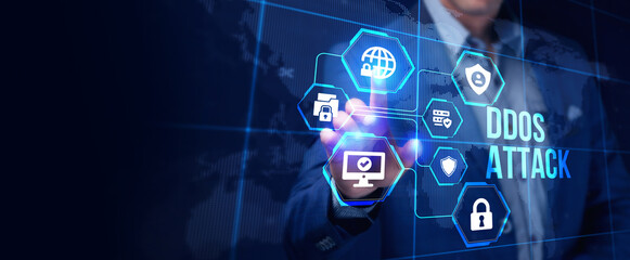 DDoS ATTACK inscription, online attack concept inscription, online security concept.
